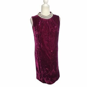 VINTAGE 60s dress fuschia high neck crushed velvet shift‎ sleeveless M